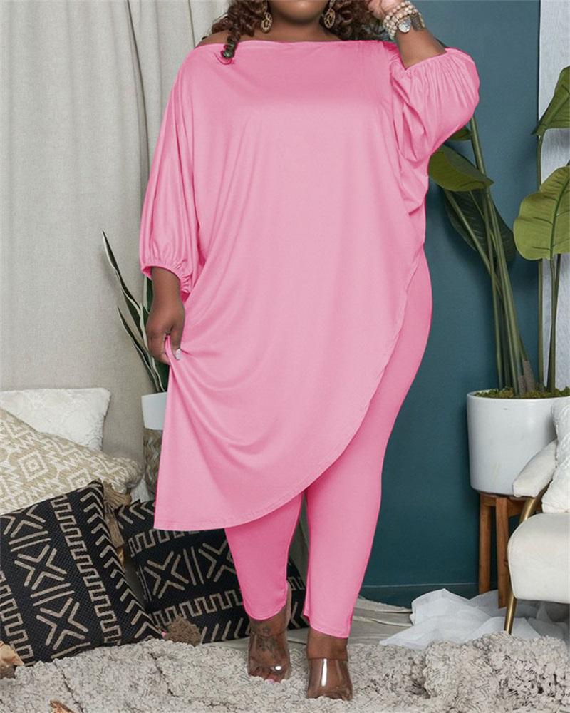 

Plus Size Asymmetrical Top & Pants Set, Pink
