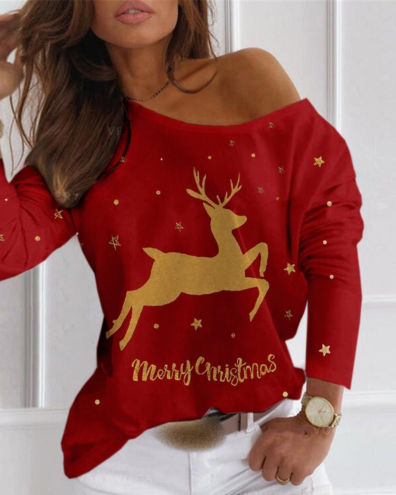 

Christmas Letter Moose Print Long Sleeve T-shirt, Red