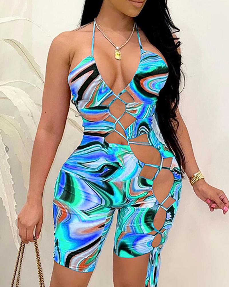 

Colorblock Lace-up Halter Cutout Romper, Blue
