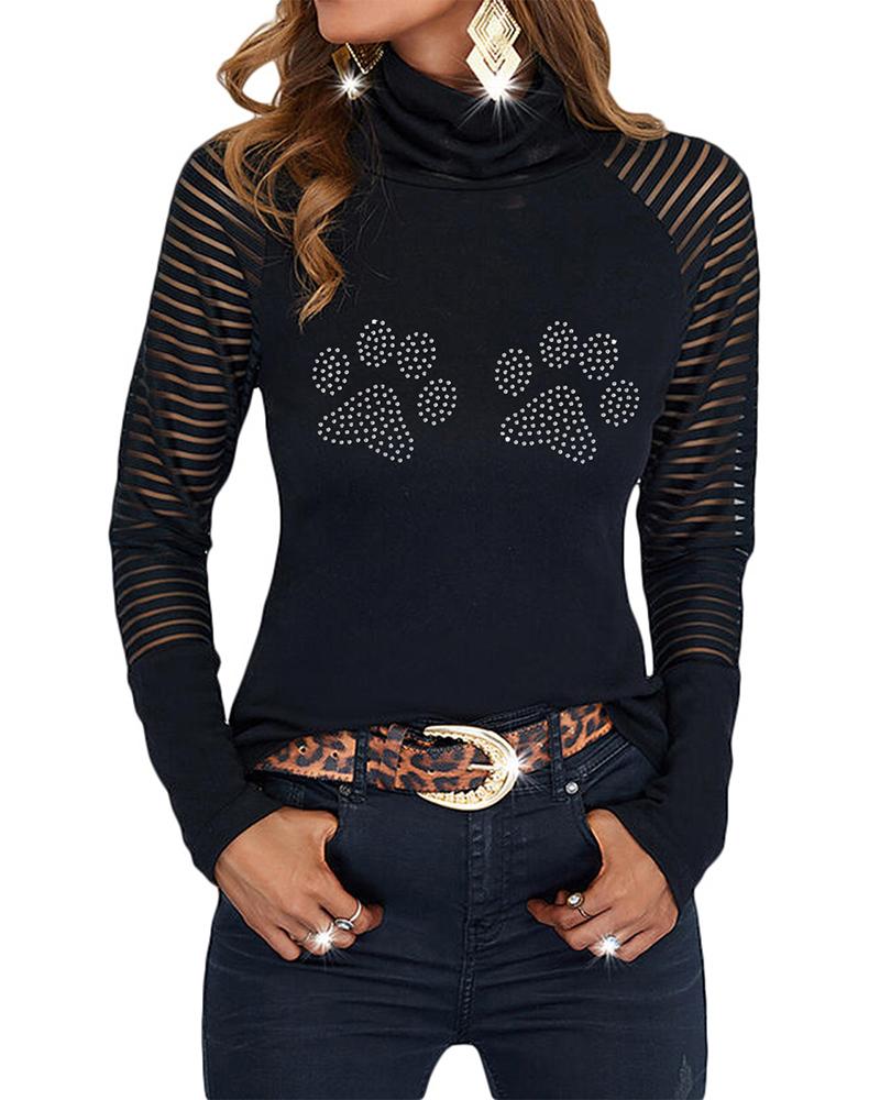 

Valentine' Day Mock Neck Rhinestone Mesh Patch Top, Style4