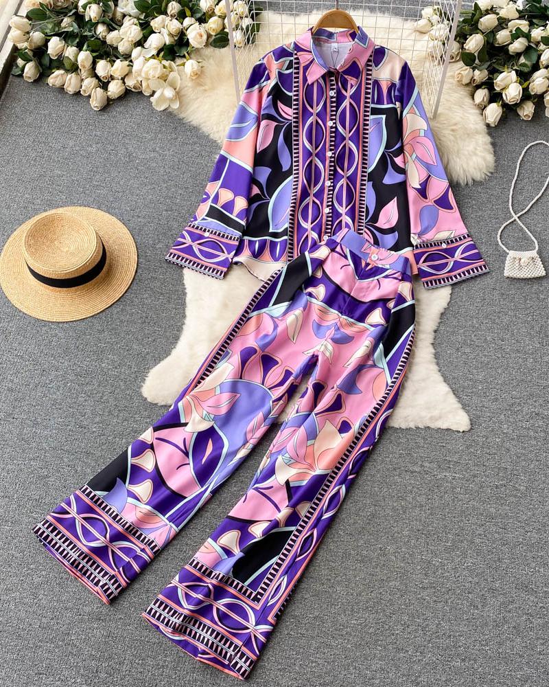 

All Over Print Shirt & Wide Leg Pants Set, Purple