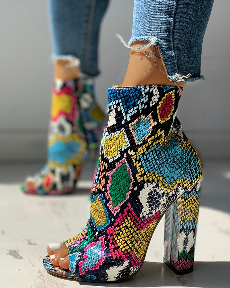 

Colorful Snakeskin Chunky Heeled Boots, Multicolor