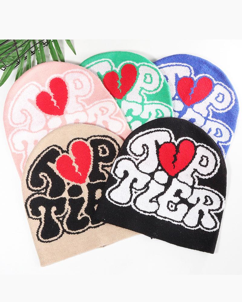

Broken Heart Letter Pattern Warm Winter Beanie Hat, Black