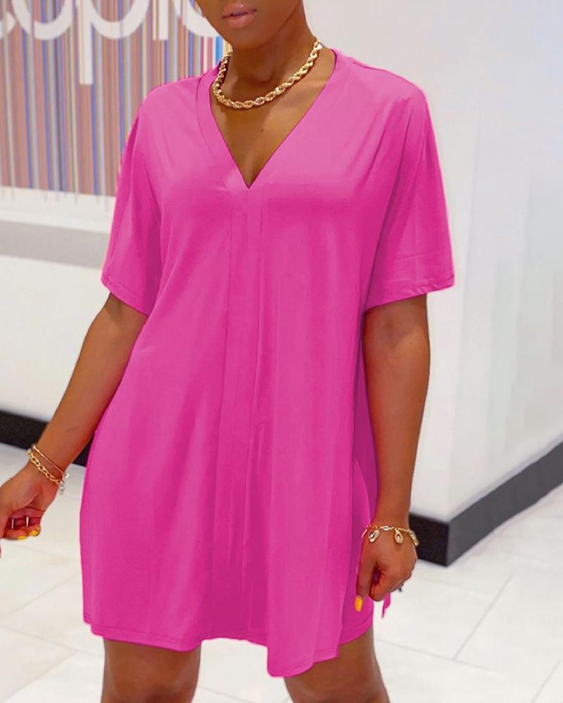 

V Neck Tops Batwing Sleeve Loose Basic Top And High Waist Shorts Set, Hot pink