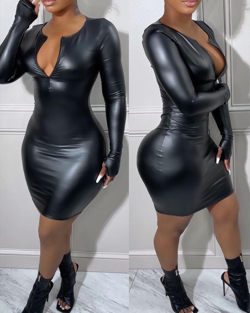 

Long Sleeve Zip Front PU Leather Bodycon Dress, Black