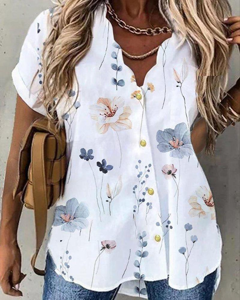 

Floral Print Short Sleeve Buttoned Top, White