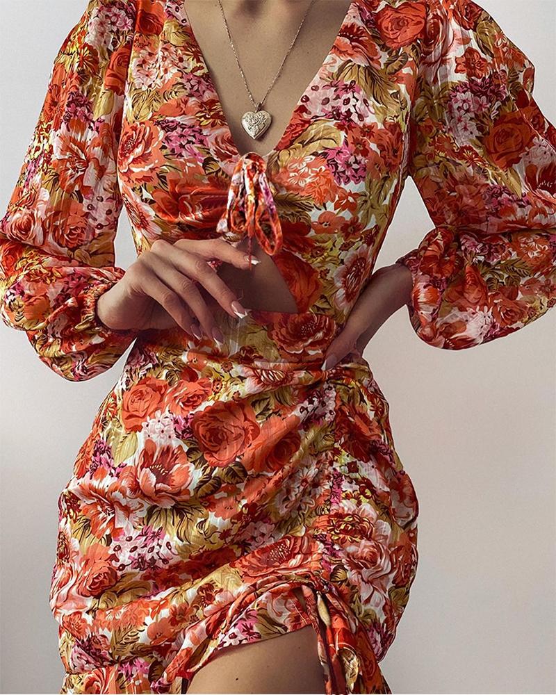 

FLoral Print Cutout Drawstring Slit Dress, Orange