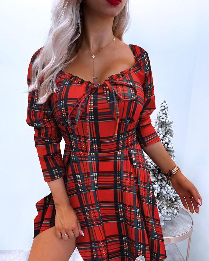 

Plaid Print Gigot Sleeve Frill Hem Casual Dress, Red