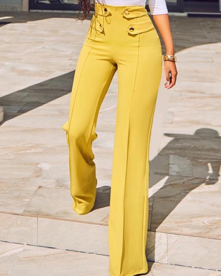 

Buttoned High Waist Wide Leg Tailored Pants, Yellow