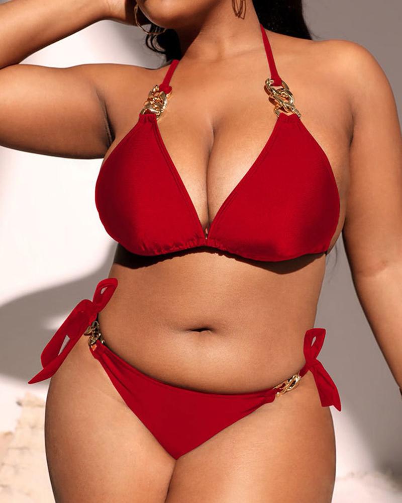 

Plus Size Halter Chain Strap Tied Detail Bikini Set, Red