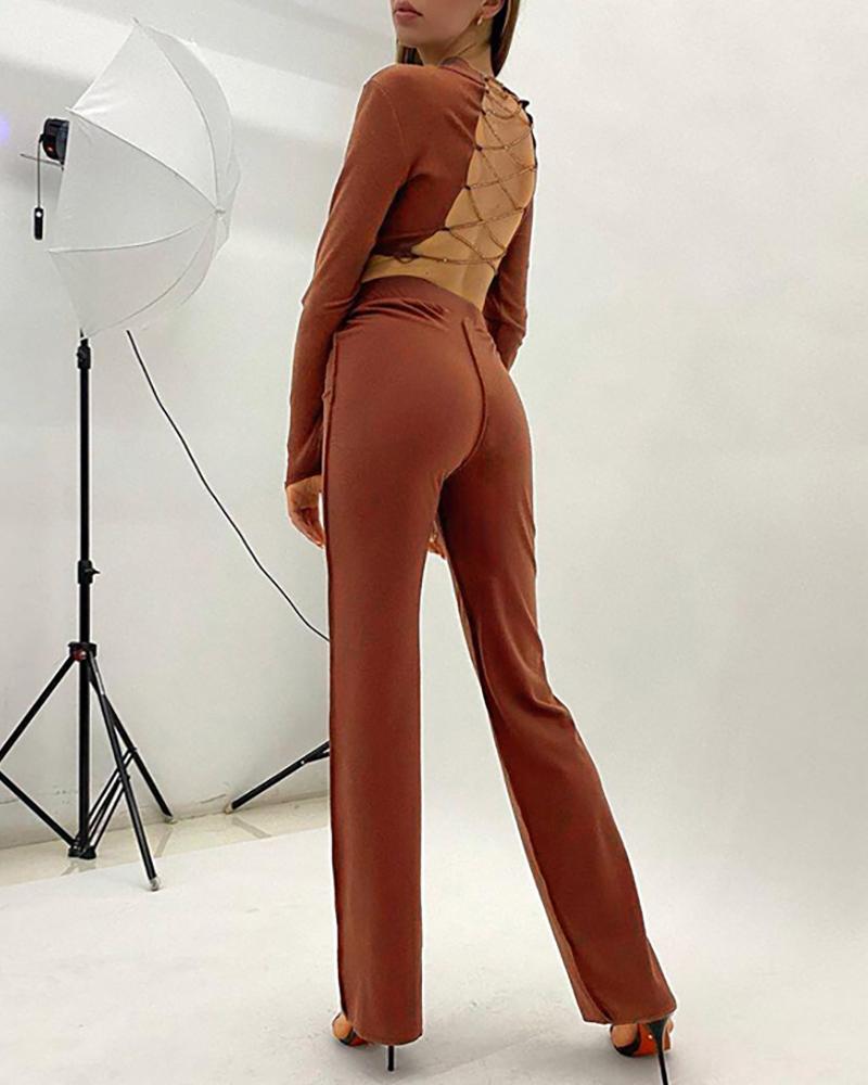 

Chain Strap Lace-up Backless Crop Top & Pants Set, Brown