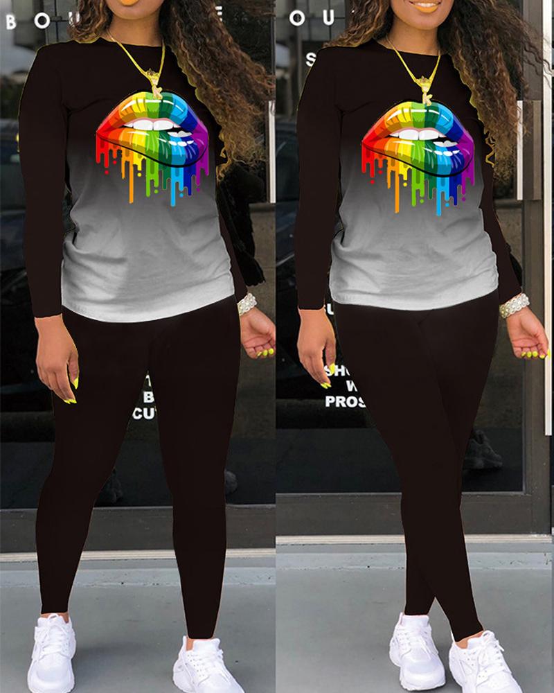 

Plus Size Lip Print Ombre Long Sleeve Top & Pants Set, Black