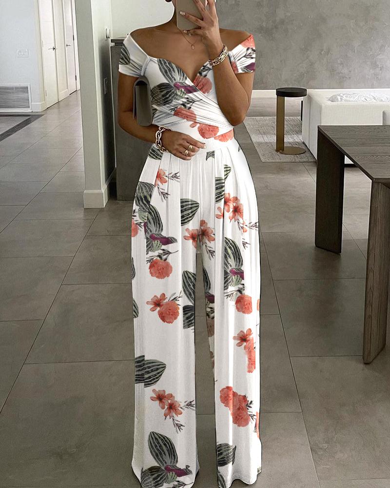 

Plants Print Off Shoulder Wide Leg Jumpsuit, White