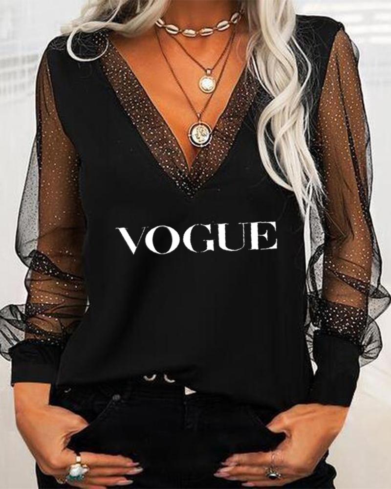 

Letter Print Contrast Mesh Long Sleeve Top, Black