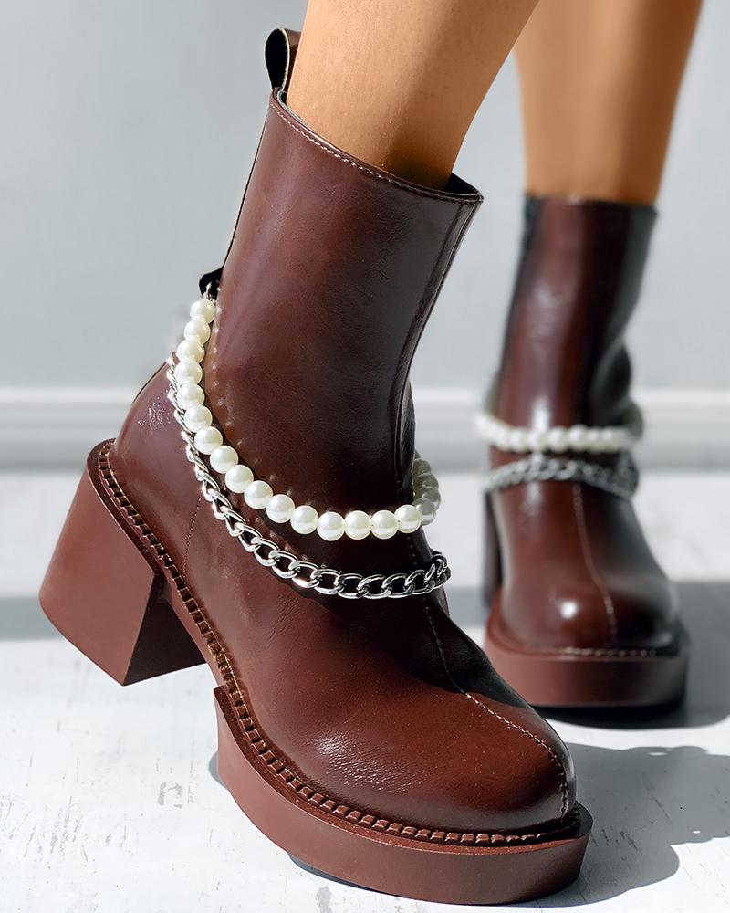 

Chain Beaded Strap Chunky Ankle Boots, Brown