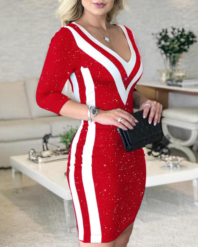

Glitter Contrast Paneled V-Neck Bodycon Dress, Red