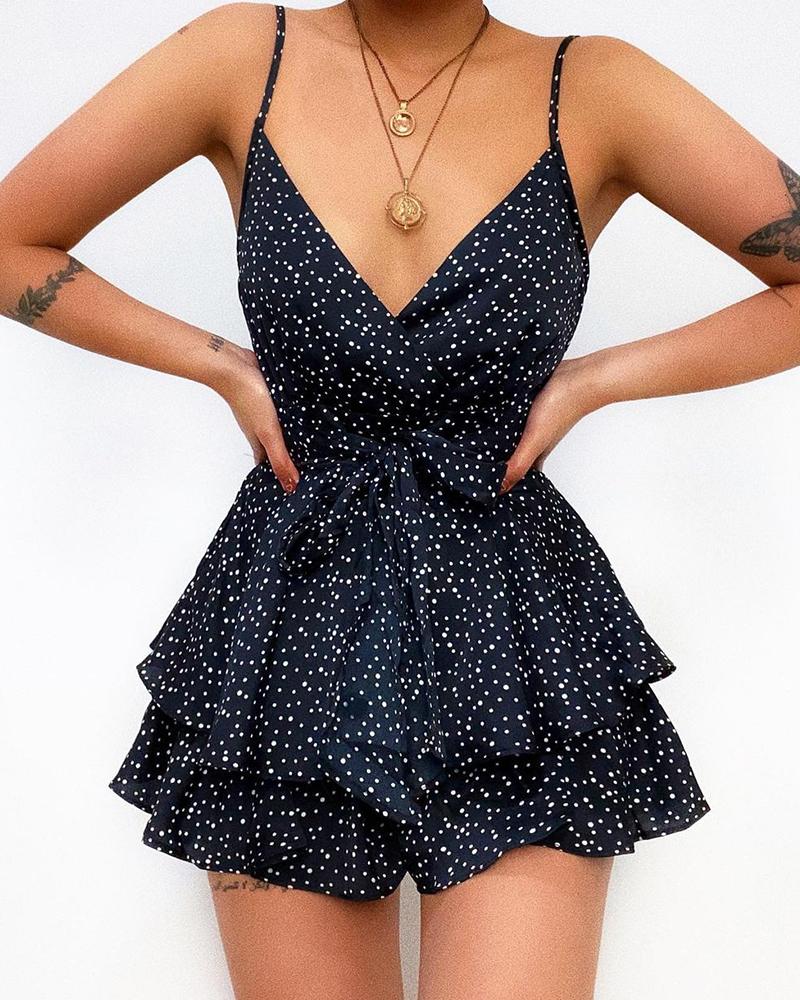 

Polka Dot Print V Neck Layered Cami Romper, Black