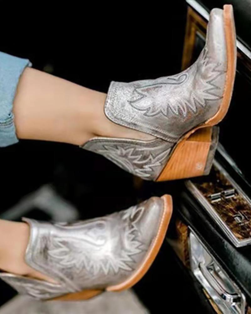 

Vintage Embroidery Chunky Ankle Boots, Silver