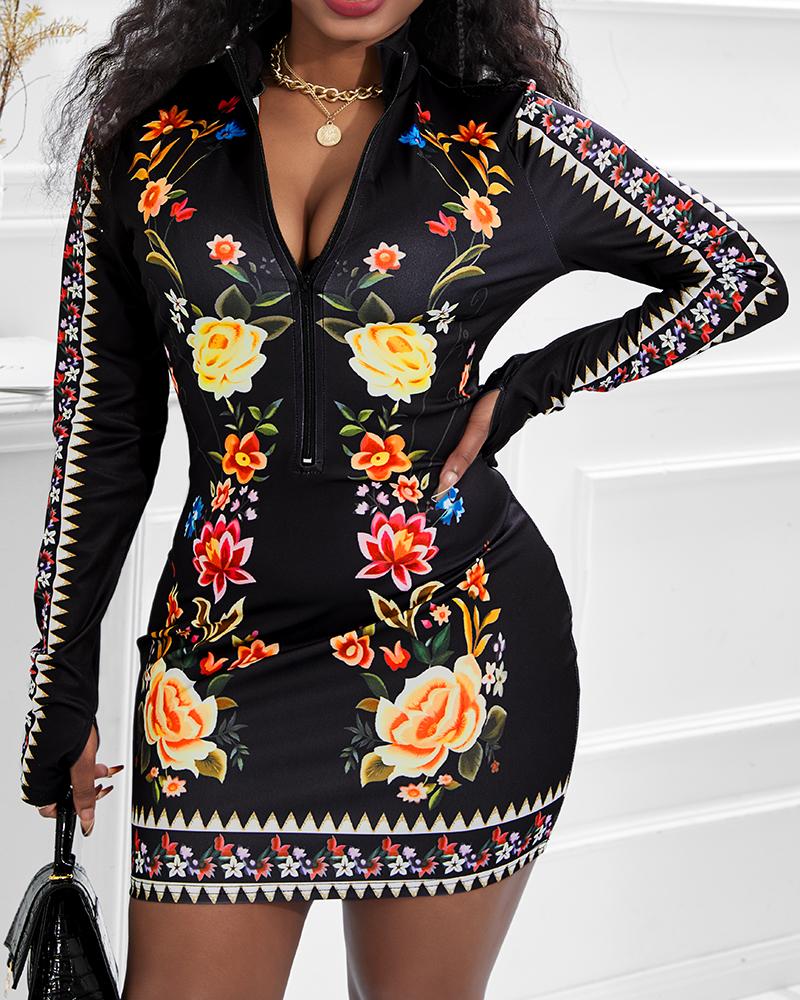 

Floral Print Zip Front Long Sleeve Bodycon Dress, Black