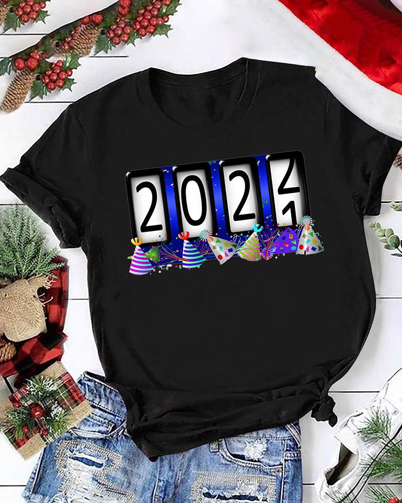 

Valentine's Day Number Print O-Neck T-shirt, Black