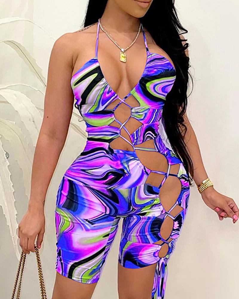

Colorblock Lace-up Halter Cutout Romper, Purple
