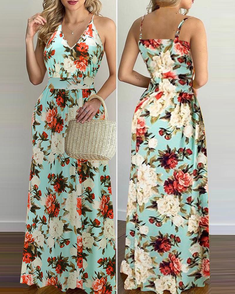 

Hawaii Floral Print Strap Sleeveless Loose Long Dress, Green