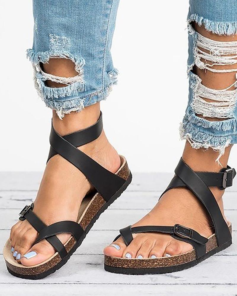 

Toe Post Crisscross Strap Buckled Sandals, Black