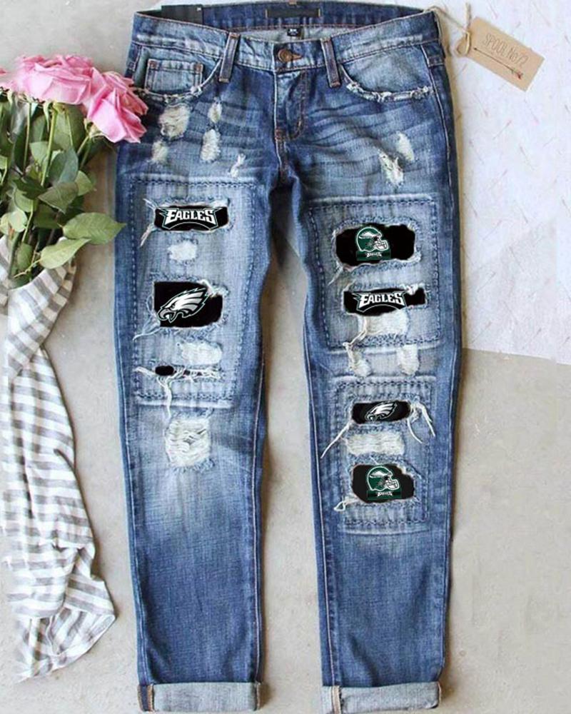 

Graphic Pattern Ripped High Waist Jeans, Blue