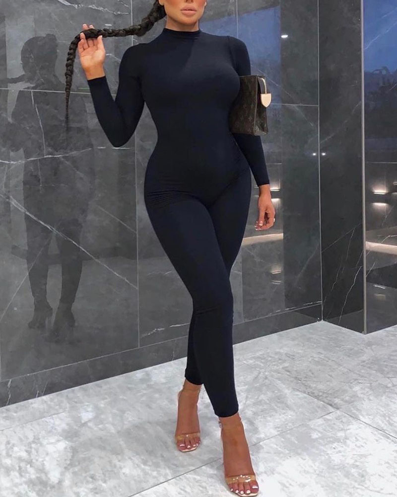 

Long Sleeve O-neck Skinny Jumpsuit, Black