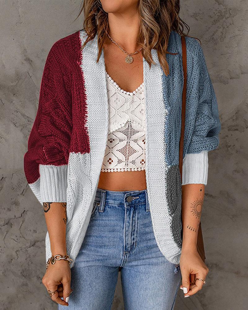 

Colorblock Long Sleeve Open Front Cable Knit Cardigan, Wine red