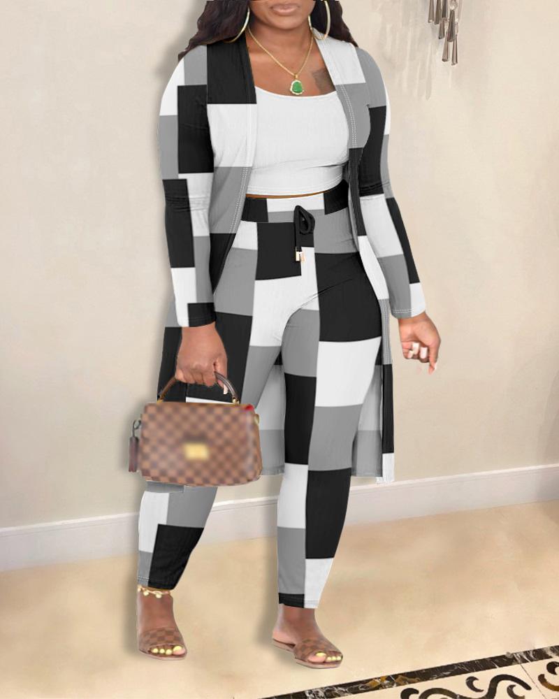 

Plus Size 3PCS Cami Top & Geometric Print Pants Set With Coat, Black