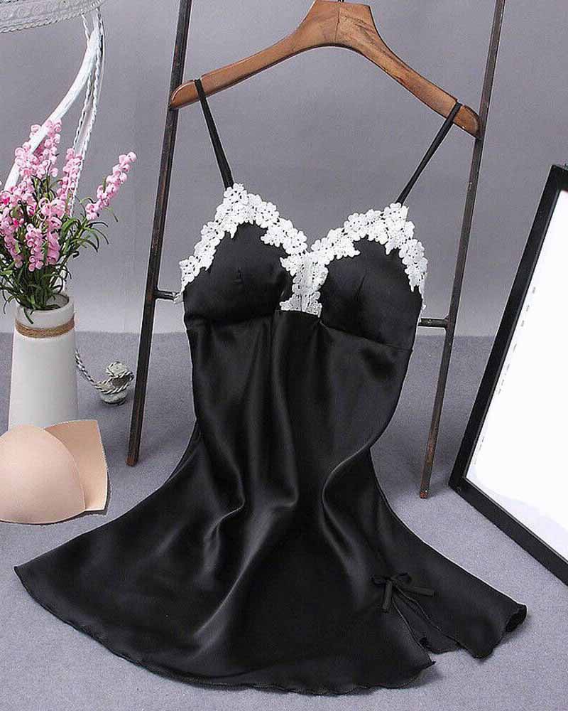 

V Neck Satin Lace Patch Slit Babydoll, Black