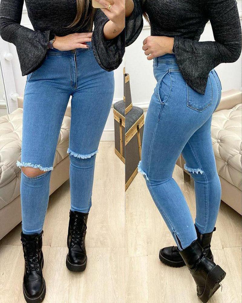 Zipper Detail Cutout Ripped Skinny Jeans