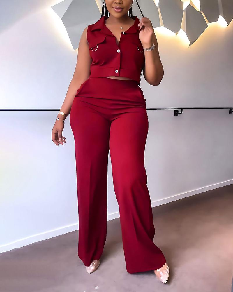 

Sleeveless Turn-down Collar Top & Pants Set, Red