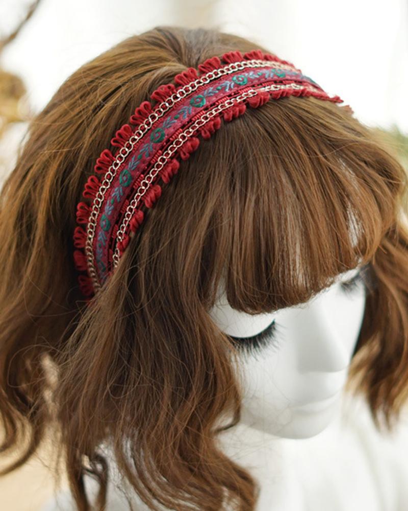 

1pc Tribal Floral Embroidery Tassel Headband, Wine red