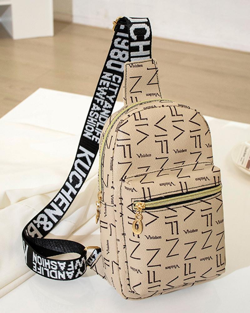 

Letter Pattern Zipper Design Crossbody Shoulder Bag, Khaki