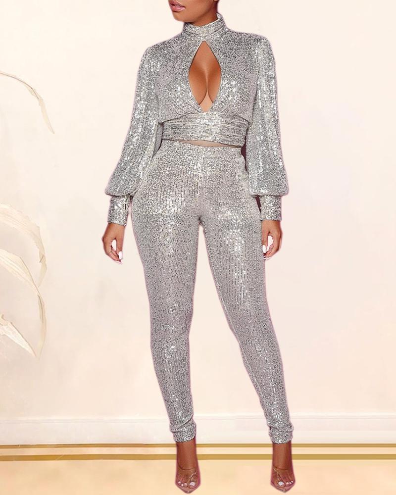 

Sequins Backless Cut Out Chest Top & Pants Sets, Silver