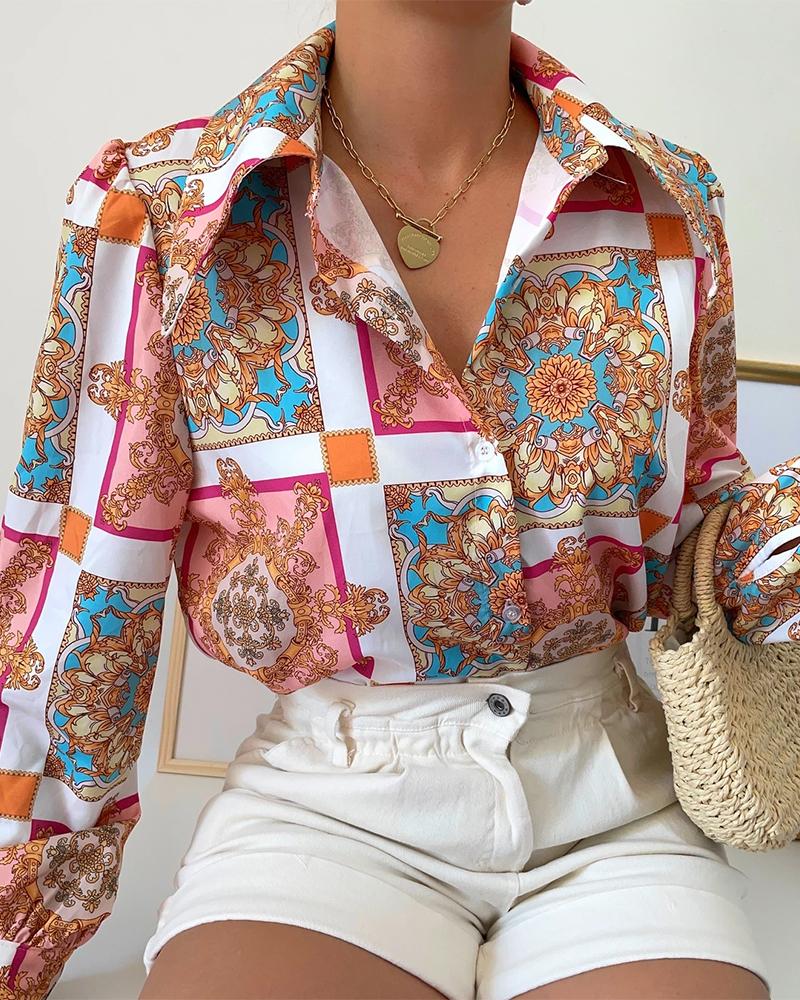 

Scarf Print Button Design Long Sleeve Top, Multicolor