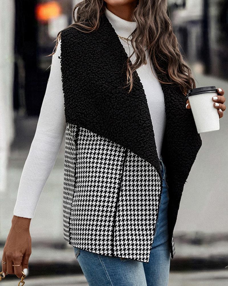 

Houndstooth Print Slit Fleece Vest Coat, Black