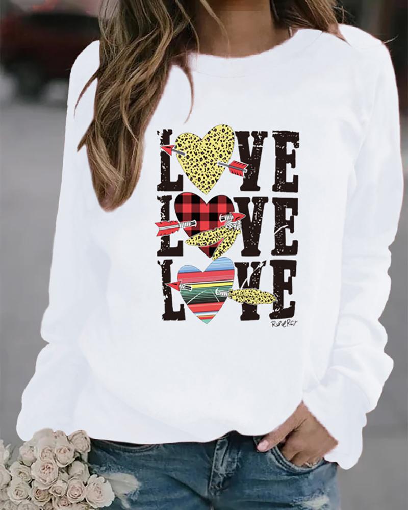 

Valentine' Day Heart Graphic Cheetah Plaid Print Sweatshirt, White