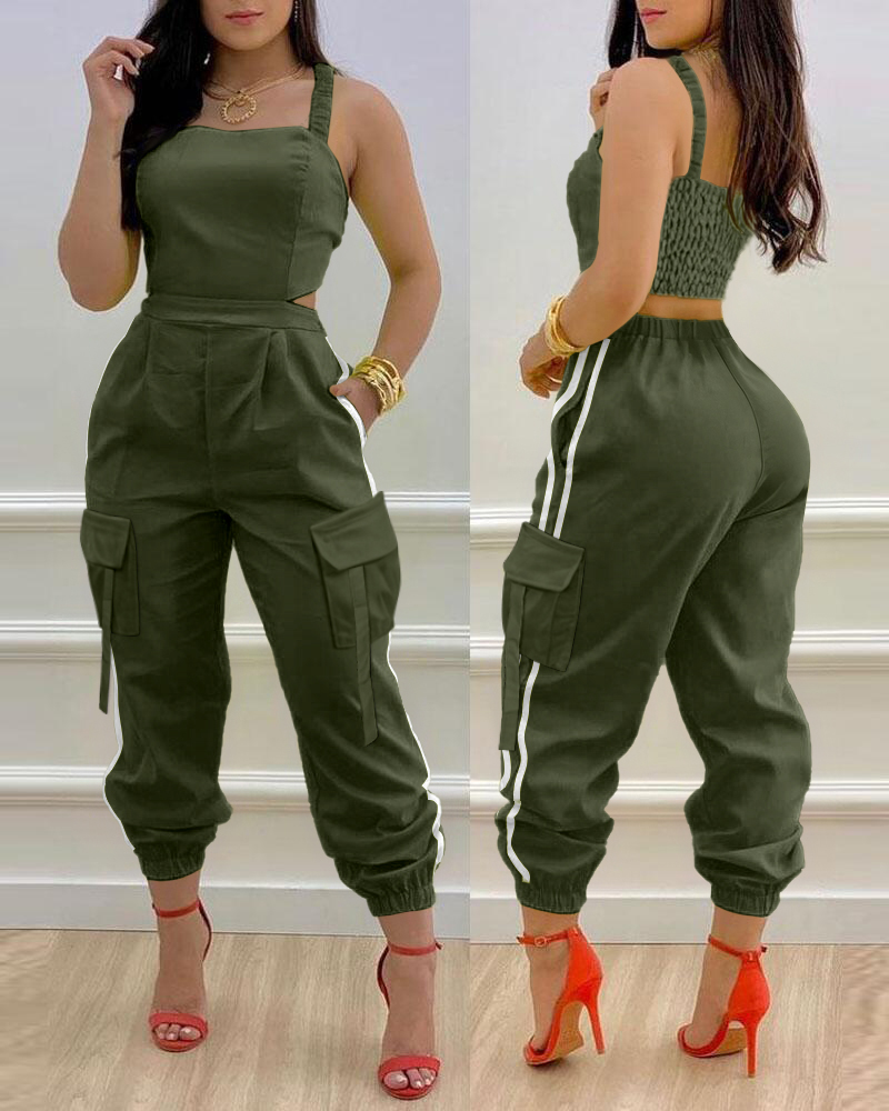 

Contrast Paneled Square Neck Sleeveless Jumpsuit Casual Shirred Pocket Design Cargo Romper, Army green