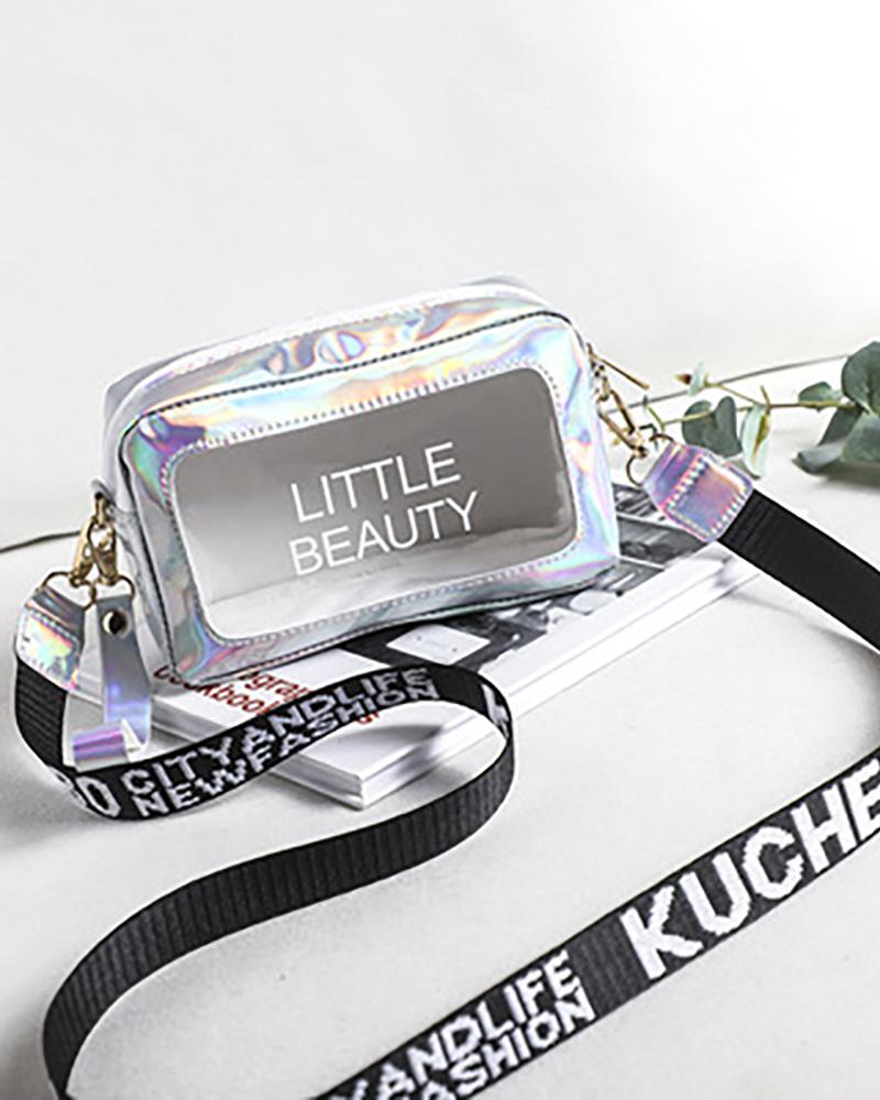 

Clear Letter Print Shoulder Bag, Silver
