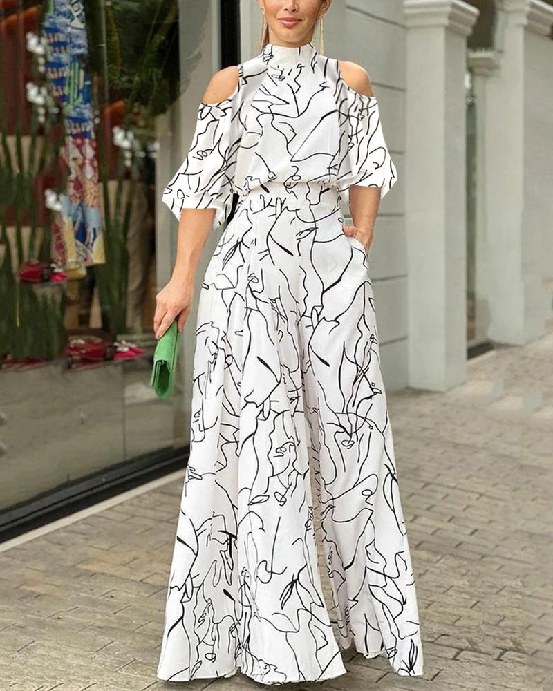

Abstract Figure Print Wide Leg Jumpsuit, White