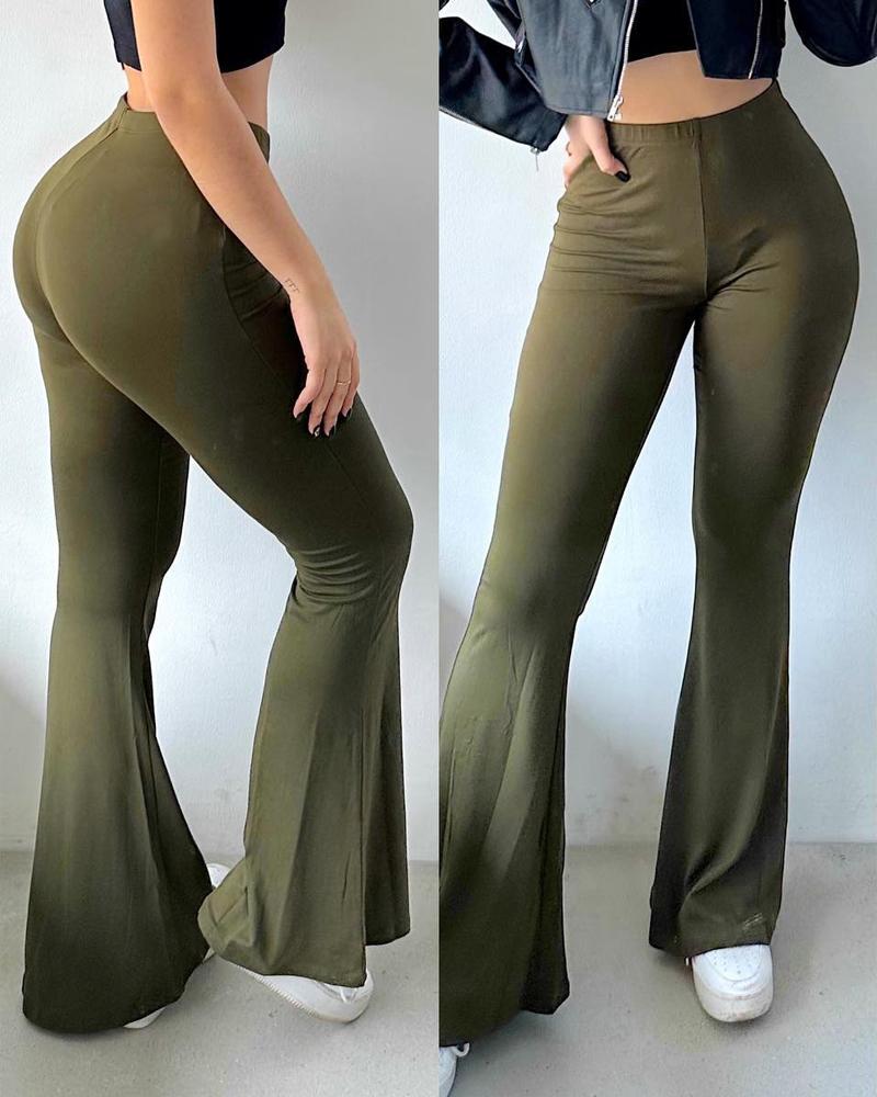 

Plain High Waist Flared Pants, Green