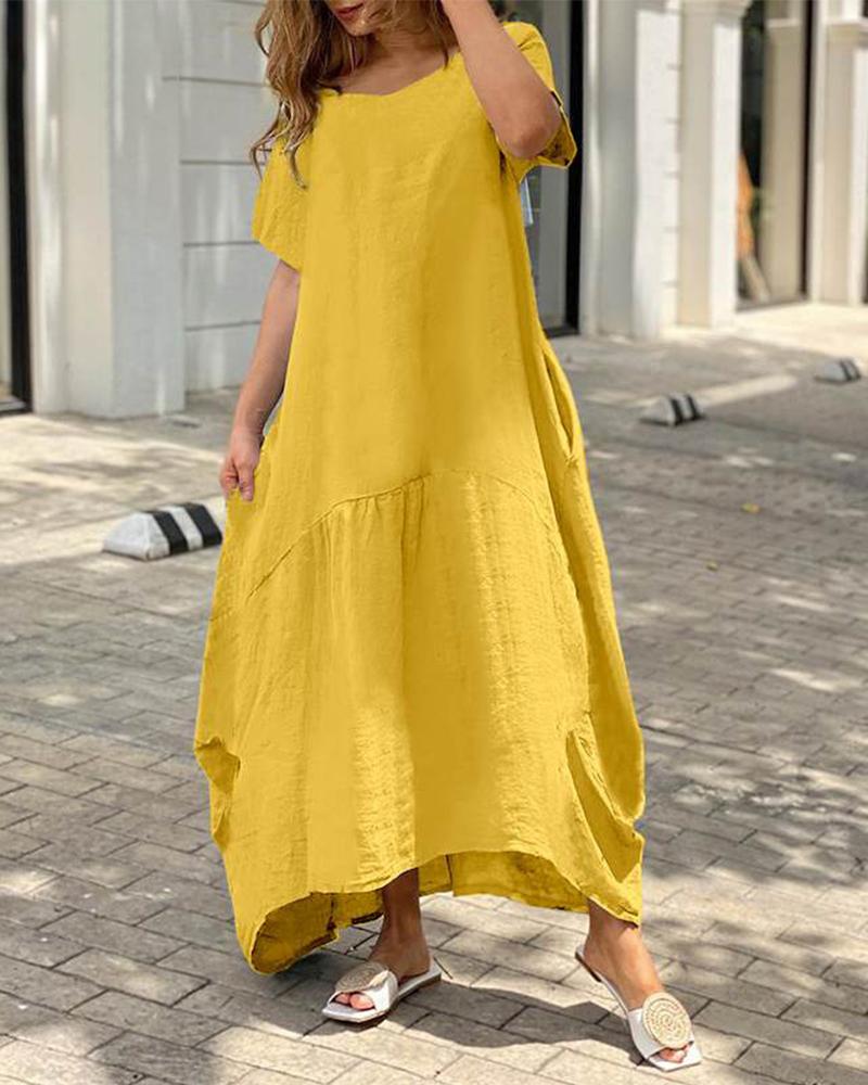 

V-Neck Short Sleeve Ruched Maxi Dress, Yellow