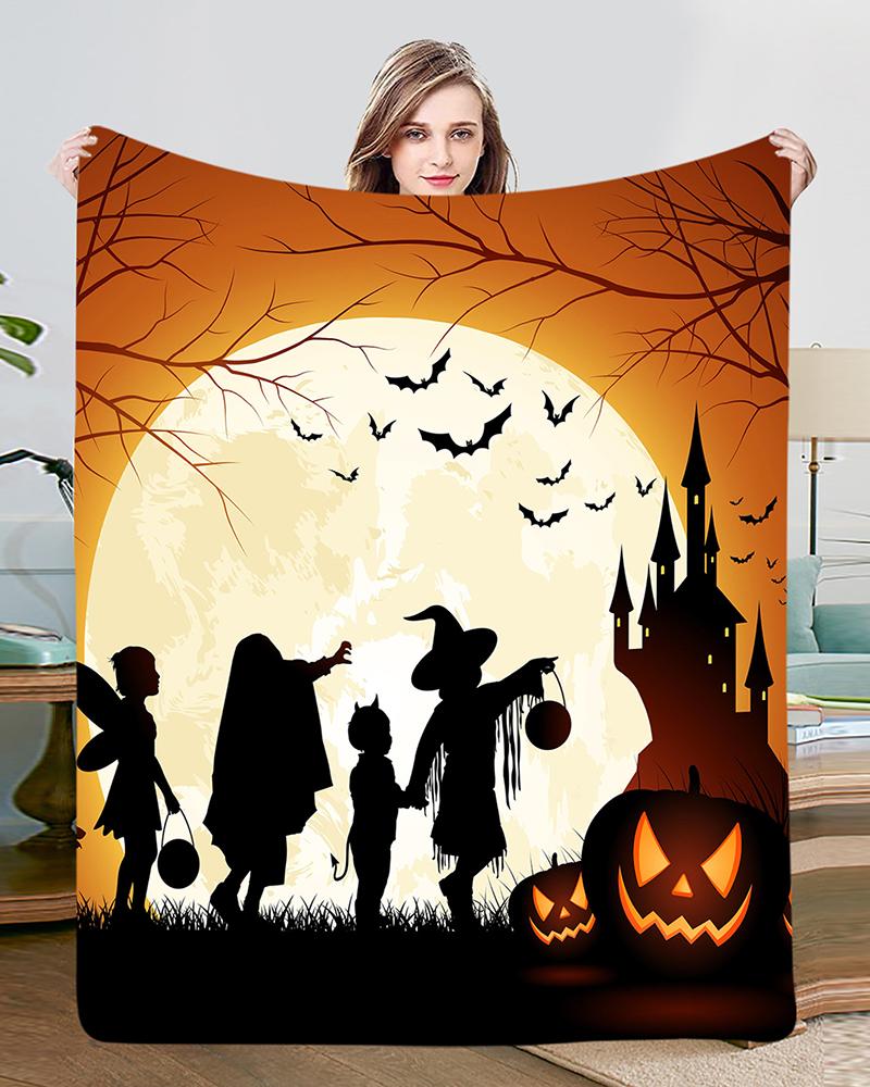 

1pc Halloween Gift Cartoon Graphic Haunted House Silhouette Print Flannel Throw Blanket, Style3