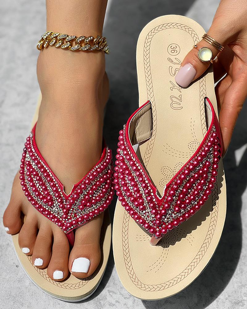 

Rhinestone Beaded Leaf Pattern Summer Flip Flops, Red