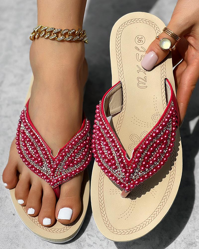 

Chanclas de verano con patrón de hojas con cuentas de diamantes de imitación, Red