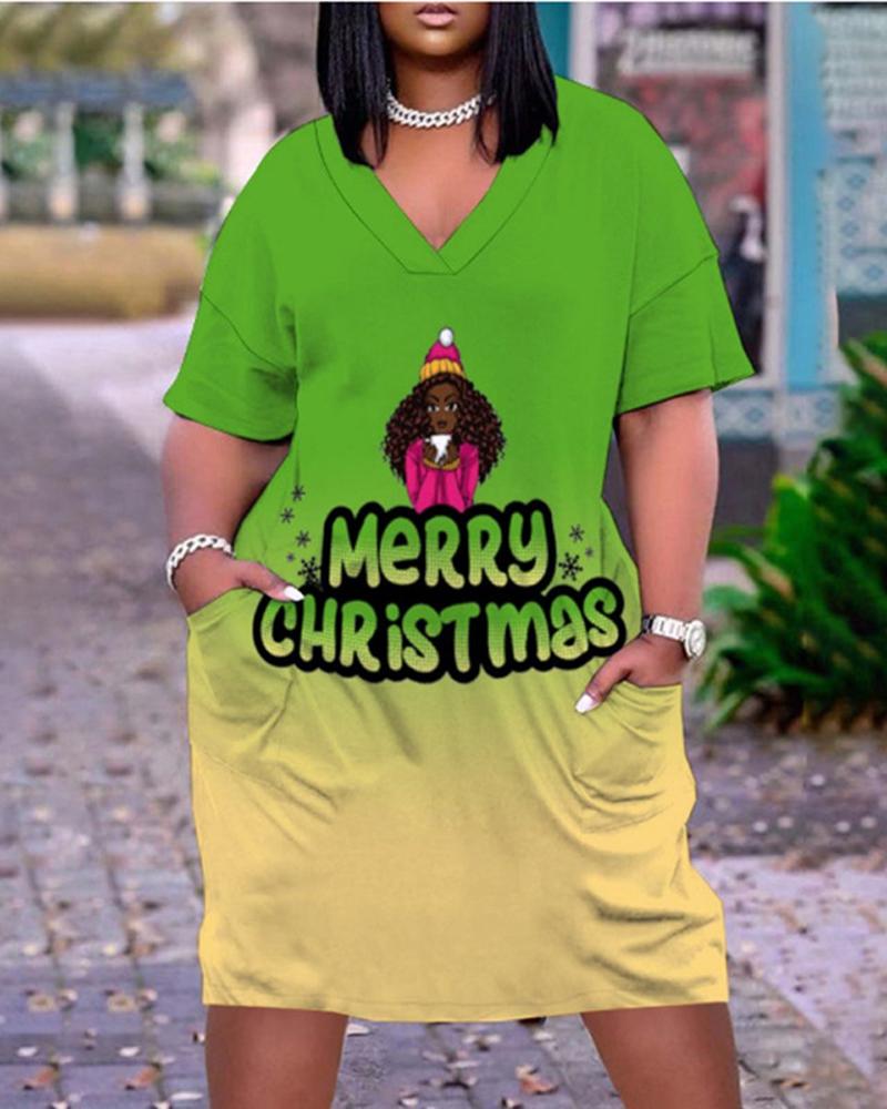

Plus Size Figure Letter Print Pocket Detail Casual Dress, Green