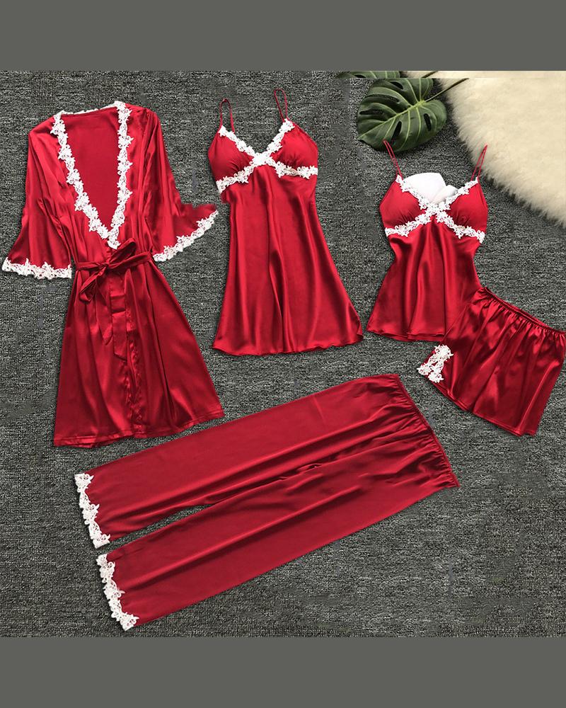 

Eyelash Lace Cami & Robe 5PCS Set, Red